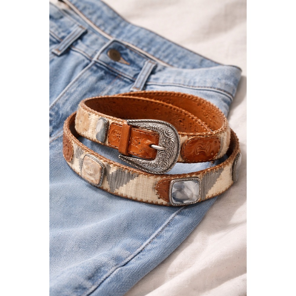 Mayan Designs Guatemala Belt Leather Woven Concho Stone Southwest Boho Western - Picture 1 of 8